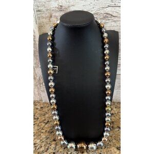 Vintage Magda K Metallic Graduated Beaded Necklace 32” 3 Tone